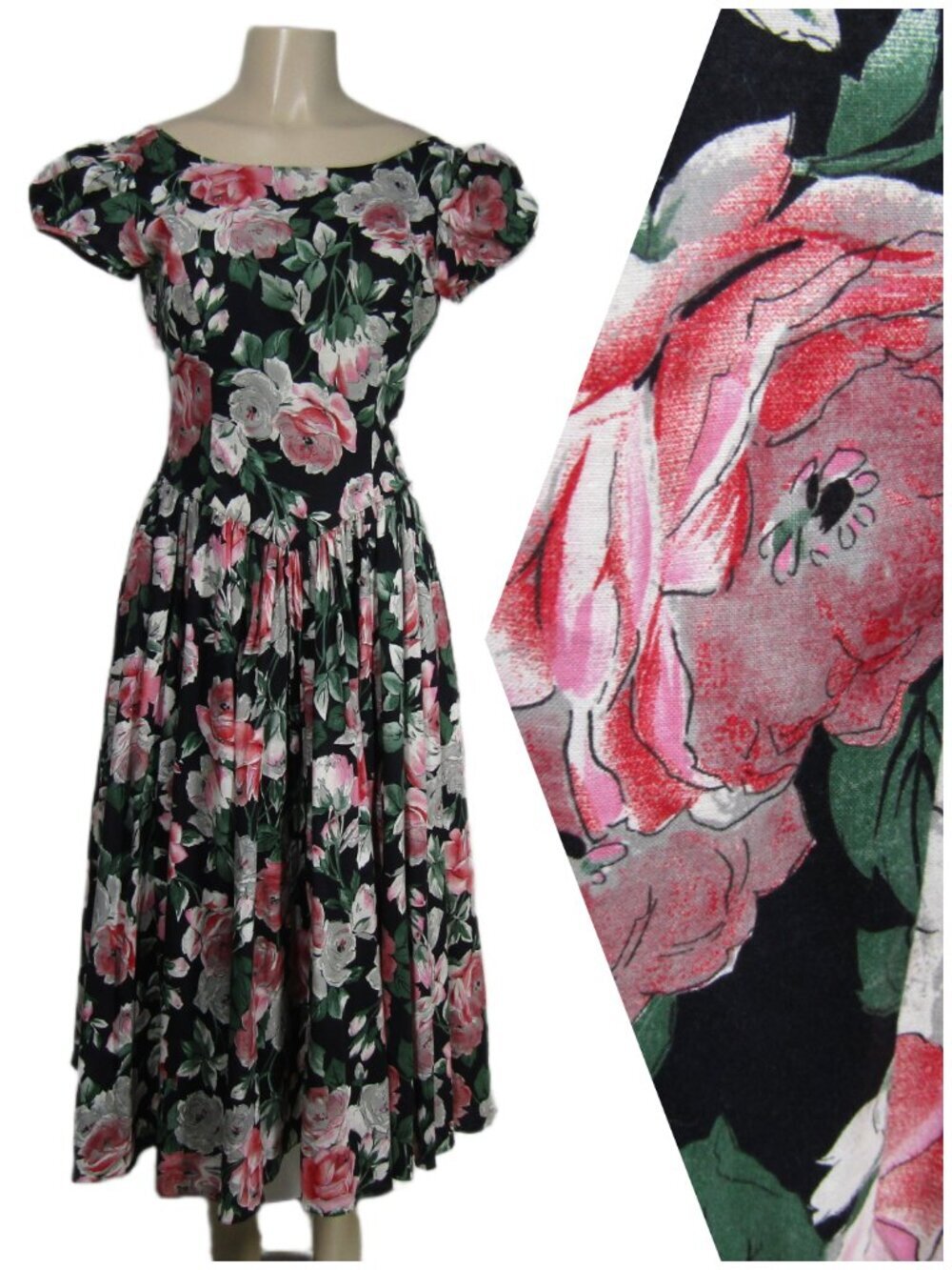 VTG 80s GEARY ROARK KAMISATO Cottagecore Romantic Floral Basque Puff Dress S